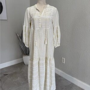 Elan White & Gold Stitched Dress with Tassel Accent